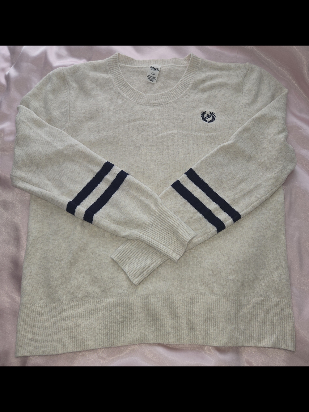 Vs Pink Campus Crewneck Stripe Sleeve Sweater - Size Large nwot